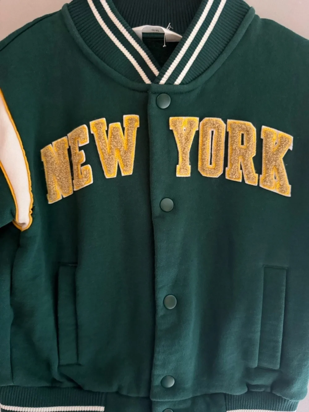 H&M Kids Dark Green & White Snap Button Varsity New York Jacket SZ 5T/6 Sporty
